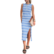 (S, Sky Blue) Women'S 2025 Summer Dresses Casual Sleeveless Hollow Out Knit Side Slit Striped Midi Tank Dress S
