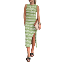 (XL, Green) Women'S 2025 Summer Dresses Casual Sleeveless Hollow Out Knit Side Slit Striped Midi Tank Dress S