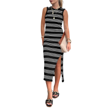 (S, Black) Women'S 2025 Summer Dresses Casual Sleeveless Hollow Out Knit Side Slit Striped Midi Tank Dress S