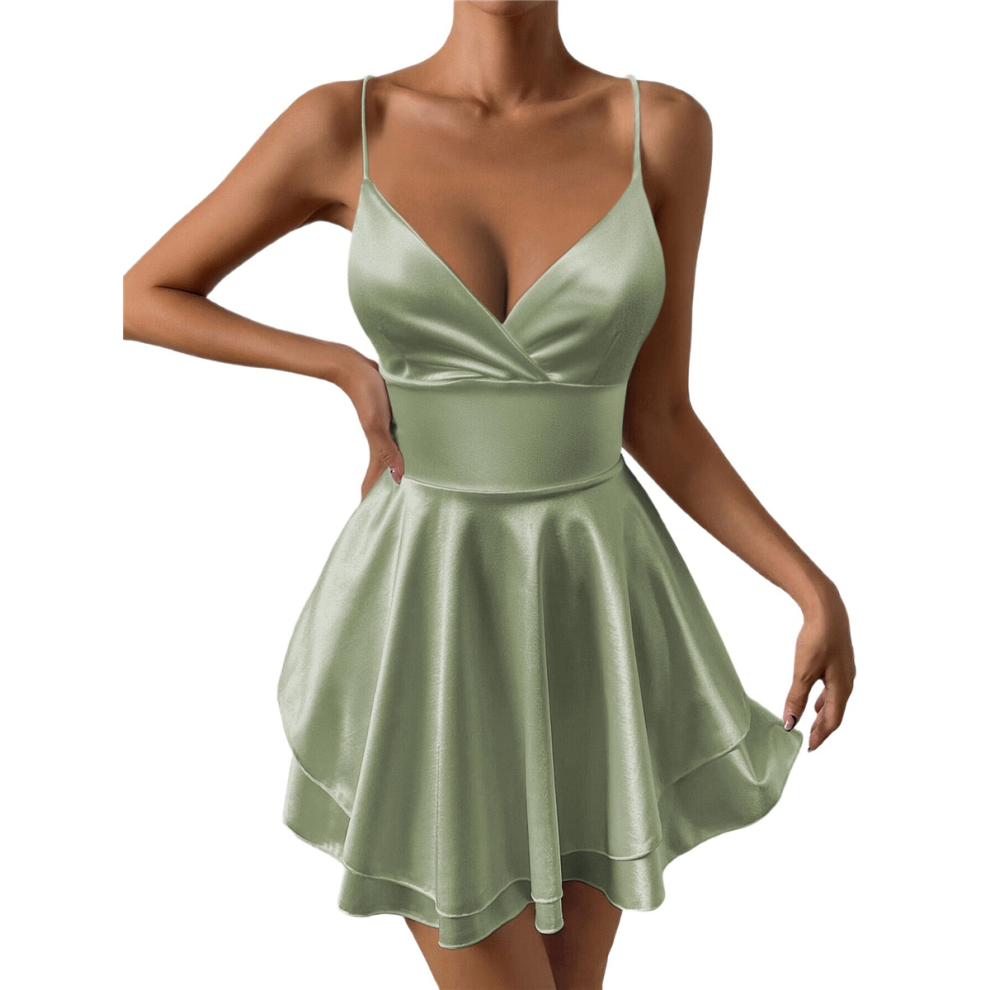 (L, Yellow-Green) Women Spaghetti Strap Satin Dress Sleeveless Low Cut Backless Short Romper Party Jumpsuit Mini Sundress White S-image-OPC-PJ65WYC-NEW