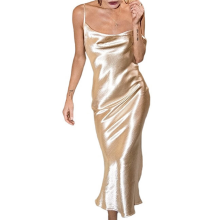 (XS, Gold) Women'S Spaghetti Strap Midi Satin Silk Dresses Slip Cowl Neck Party Cocktail Evening Dress White XS