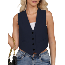 (M, Navy Blue) Cropped Suit Vest for Women Button Up Business Casual Dressy Waistcoat Tops Khaki S