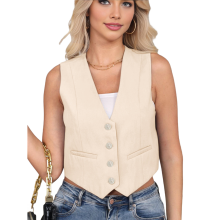 (M, Cream White) Cropped Suit Vest for Women Button Up Business Casual Dressy Waistcoat Tops Khaki S