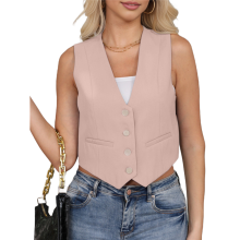 (M, Pink) Cropped Suit Vest for Women Button Up Business Casual Dressy Waistcoat Tops Khaki S