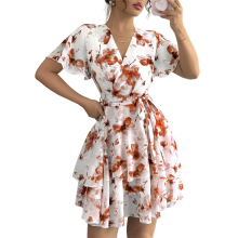 (L, Brick Red) Womens Summer Dresses Floral V Neck Ruffled Hem Spaghetti Spring Casual Beach Outfits Flowy Wrap Sun Dress Brick Red S