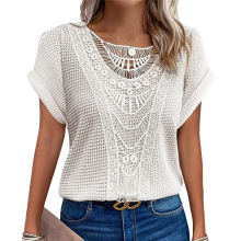 (S, White) Women'S Summer Round Neck Sweater Casual Crochet Hollow Knitted Top Lace Stitching Short-Sleeved T-Shirt White S