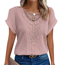 (L, Pink) Women'S Summer Round Neck Sweater Casual Crochet Hollow Knitted Top Lace Stitching Short-Sleeved T-Shirt White S
