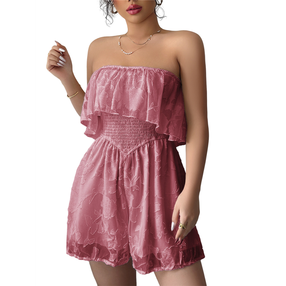 (XL, Rose Pink) Women'S Off Shoulder Casual Floral Print Summer Strapless Pleated Elastic Waist Beach Short Jumpsuits Rose Pink S-image-OPC-PJ65YQD-NEW