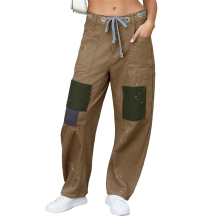(XL, Khaki) Womens Loose Horseshoe Jeans Wide Leg Patchwork Low Rise Denim Pants with Pockets Khaki S