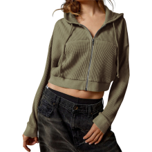 (S, Army Green) Women'S Full Zip Cropped Hoodie 90s Long Sleeve Drawstring Hooded Jacket Top with Pockets Green S