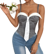 (S, Grey) Women'S Business Fashion Tie Contrast Stripe Low Cut Spaghetti Strap Corset Outerwear Top Grey S