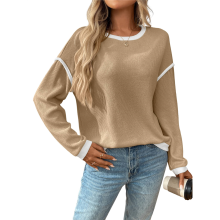 (L, Khaki) Women'S 2025 Fall Crew Neck Long Sleeve Oversized Color Block Sweaters Ribbed Knit Side Slit Pullover Khaki L