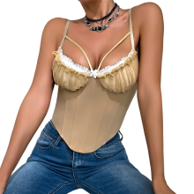 (S, Khaki) Women'S Ruffle Lace Trim V Neck Corset Top Adjustable Straps Shaper Crop Khaki S