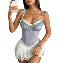 (L, Light Gray) Women'S Ruffle Lace Trim V Neck Corset Top Adjustable Straps Shaper Crop Khaki S