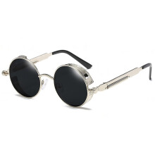Runde Metall Sonnenbrille Steam Punk Herren Und Damen Mode Brille Retro Vintage Uv400 (Silber + Schwarz)