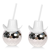 2 StüCk Discokugel-Becher mit Strohhalm, Disco-Flash-Ball-Cocktailbecher, Disco-Cowboyhut-Becher, Flash-Cocktailbecher Silber +