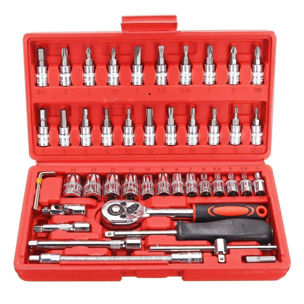 46Pcs 1/4 Inch Car Repair Socket Tools Set With Ratchet Wrench, Spanner, Hex Keys, And Extension Bars For Vehicle Maintenance 448763328533