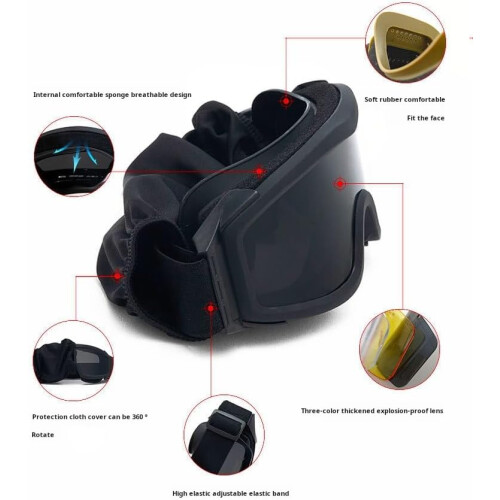 Tactical Airsoft Paintball Antifog Goggles, With 3 Replaceable Protective Lenses/Black 1
