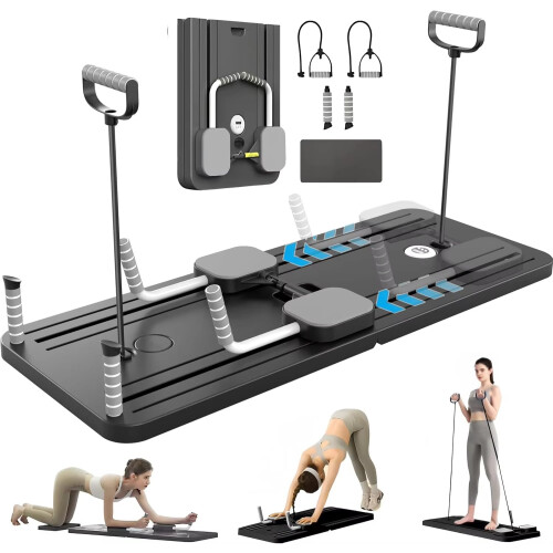 Foldable Pilates Reformer Set, Multifunctional Ab Board, 6in1 with Bands Black