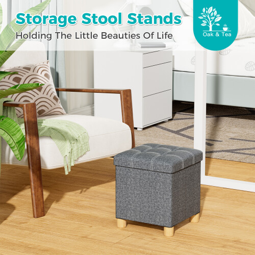 (Grey, 30*30*35cm) Footstool for Living Room Ottoman Storage Box with 4 Wood Legs Folding