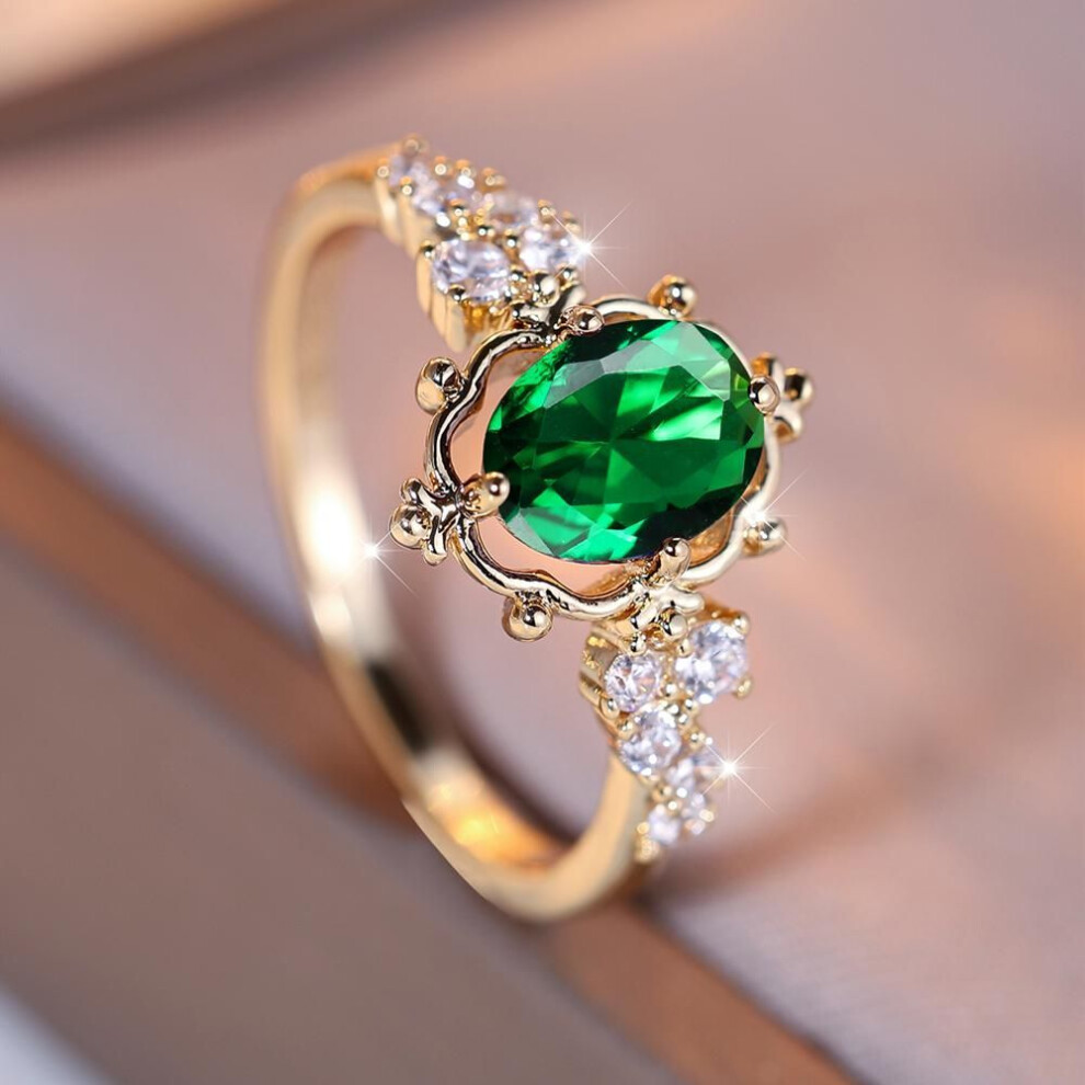 (gold,green, 7) Luxury Crystal Pink Zircon Oval Stone Flower Rings For Women Vintage Rose Gold Color Wedding Band Bridal Jewelry Engagement Gift