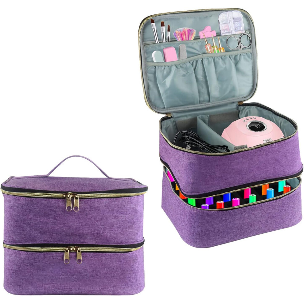 Purple (Purple) Nail Polish Carrying Case, Double-Layer Nail Polish Storage Bag- Fits Nail Dryer Lamp And 30 Bottles(15Ml/0.5 Fl.oz), Organizer Bag