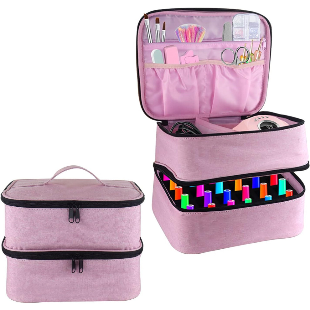 Pink (Pink) Nail Polish Carrying Case, Double-Layer Nail Polish Storage Bag- Fits Nail Dryer Lamp And 30 Bottles(15Ml/0.5 Fl.oz), Organizer Bag