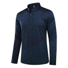 (L, Blue) Mens Banded Collar Slim Fit Dress Shirts