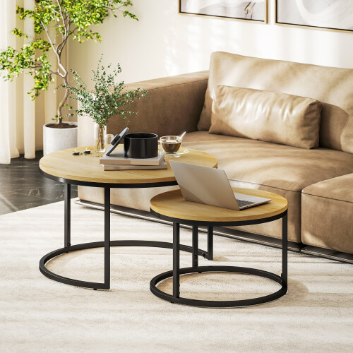 Homcom HOMCOM 2 Pcs Stacking Coffee Table Set with Steel Frame, Natural