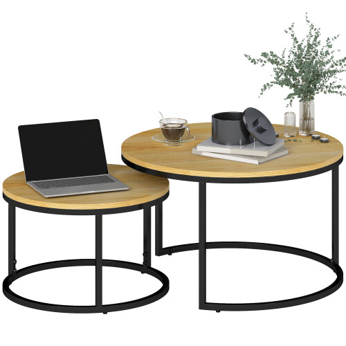 Homcom HOMCOM 2 Pcs Stacking Coffee Table Set with Steel Frame, Natural 1