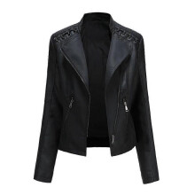 (L, Black) Spring Autumn Leather Jacket Women Slim Fit Motor Biker PU Leather Short Coat Stand Collar Ladies Zipper Outerwear New