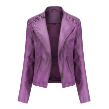 (XL, Purple) Spring Autumn Leather Jacket Women Slim Fit Motor Biker PU Leather Short Coat Stand Collar Ladies Zipper Outerwear New