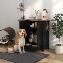 (Black) PawHut Dog Feeding Station with Storage, Pet Feeding Station with Dog Bowls