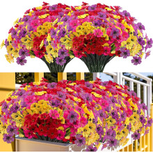 (Red Yellow Rose Purple) 16 Bundles Fake Flowers Outdoor Artificial Silk Flowers, Decorative Faux Plastic Plants Schrubs for Outside Garden Window Box Hanging Baskets
