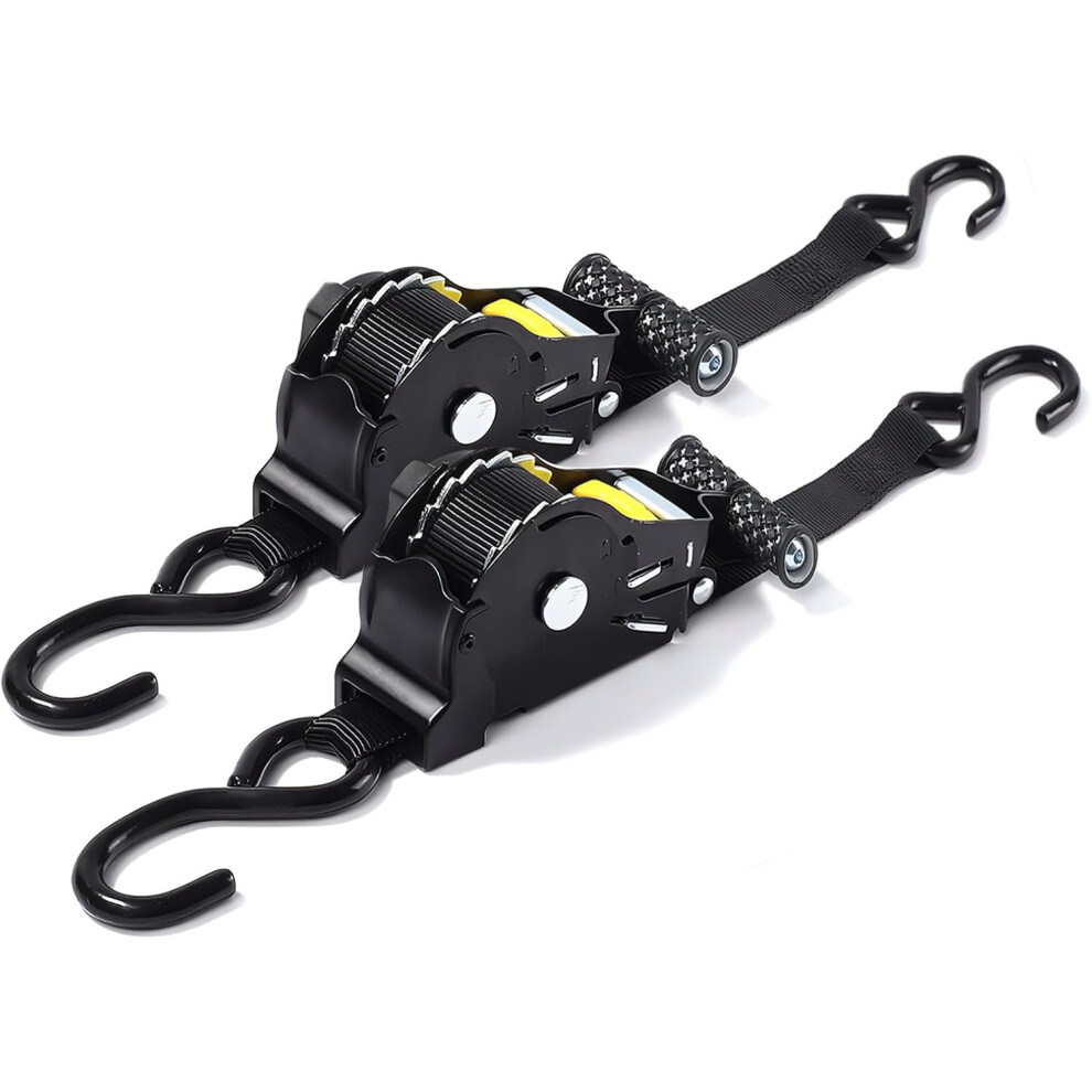 (2PCS) 2 Pack Auto Retractable Ratchet Straps Each 2.5cm X 3m Strap Boasts a 1500lbs/680kg Break Strength,Featuring Weather Resistant Safety S-Hooks