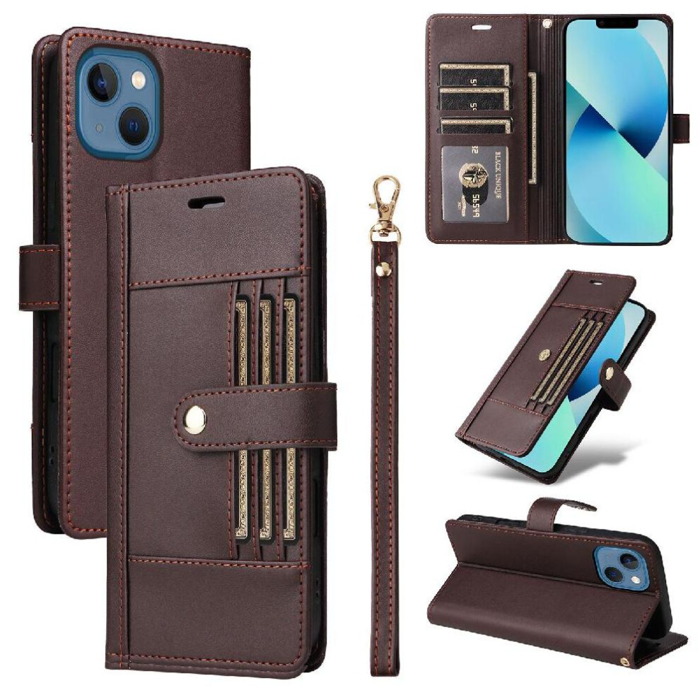 (Brown) Compatible With Iphone 14 Case Functional Wallet Rfid Blocking Wrist Strap Shockproof Magnetic Closure Brown 764563124428