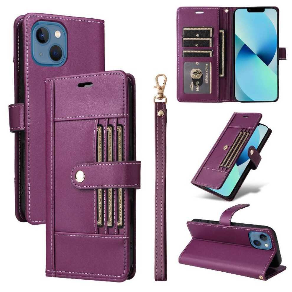 (Purple) Compatible With Iphone 13 Case Functional Wallet Wrist Strap Magnetic Closure Rfid Blocking Shockproof Purple 764563124473