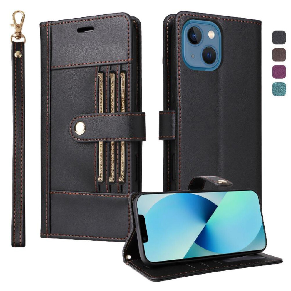 (Black) Compatible With Iphone 12 Case Rfid Blocking Functional Wallet Wrist Strap Shockproof Magnetic Closure Black 764563124497