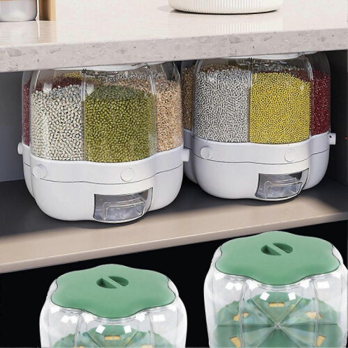 Rice Dispenser Box Container 6 Compartments Rotating Large Capacity for Home Kitchen White 6.5kg / 14.33lb 2