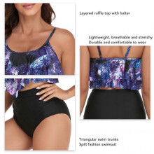 Women Swimsuit Fashionable Printing 2 Piece Double Layer Women Ruffle Bathing Suit for Summer Beach Swimming Purple Tie Dye Top Black Shorts L