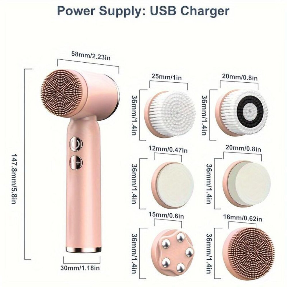 (pink) 6-in-1 Facial Cleansing Brush, Usb Rechargeable Face Scrub Brush For Cleansing, Removing, Exfoliating And Massaging Gifts For Women Mother's Day Gift