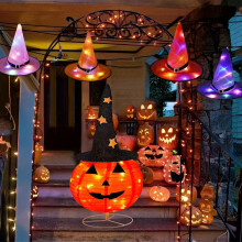 (Tangerine Yellow) Halloween Foldable Pumpkin Lights - Pre-Lit Pop-Up Jack-O'-Lanterns with Starry Hat, 3 Modes & Battery Box