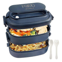 Lunch Box - 2 Tier Lunch Box with 3 Compartments - Bento Box with Cutlery - Color: Navy Blue -sx