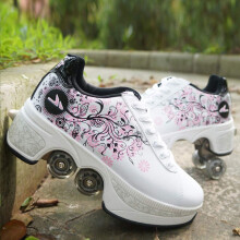 2 in 1 Double Row Deform Wheel Deformation Shoes Four Wheel Roller Skates Removable Pulleys Ice Skating White Pink 37 Whitepink 37
