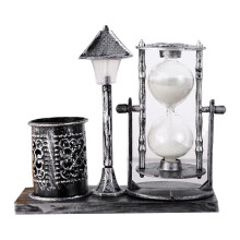 (silver) Vintage Pen Holder Innovative White Color Light Hourglass Street Lamp Pen Holder For Office Silver