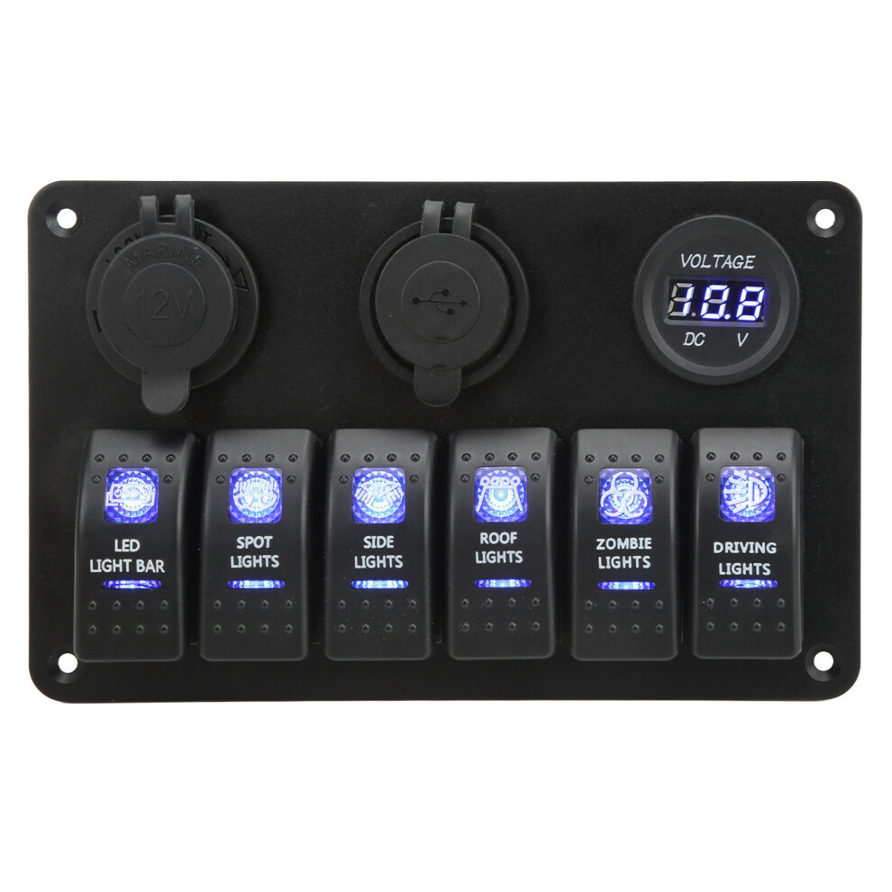 12V/24V 6-Gang Rocker Switch Panel With Volt & Dual Usb Blue Backlight 8741329333944