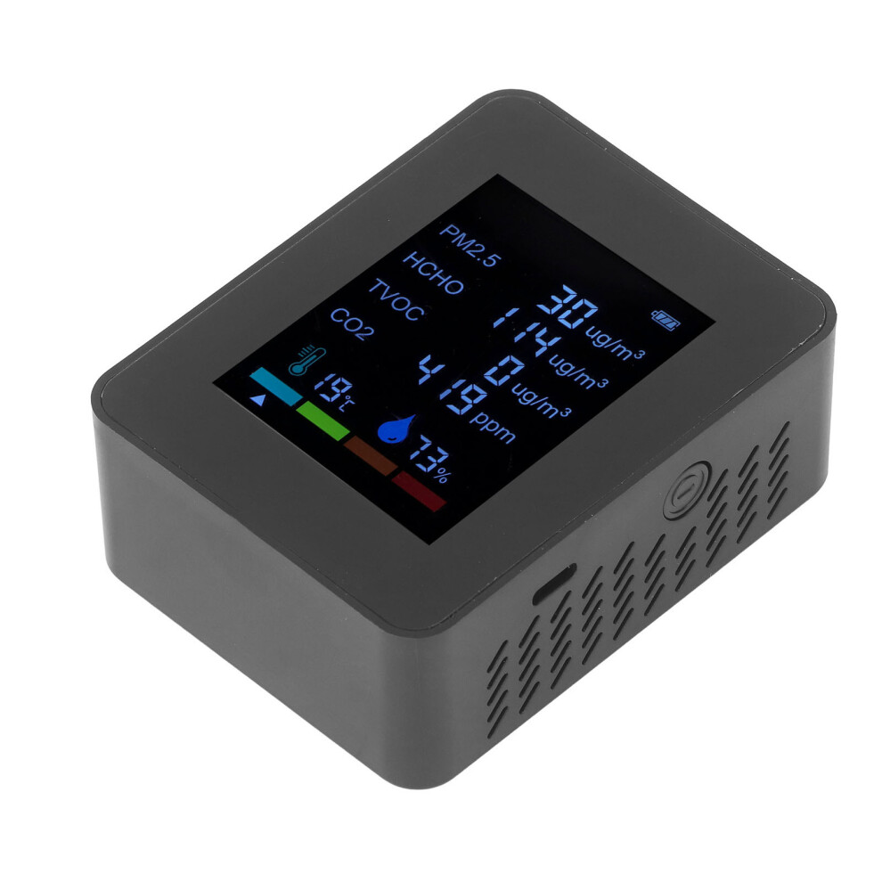 Black 6-In-1 Air Quality Monitor, Co2, Pm2.5, Hcho, Tvoc, Temp, Humidity,