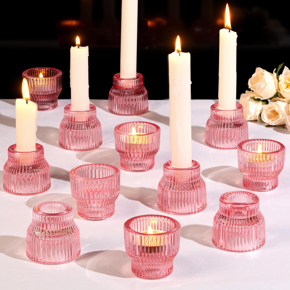 HAVITI Lot de 12 bougeoirs coniques roses en verre pour bougies chauffe-plat, pour centres de table de mariage, d   corations de table, bougeoirs v