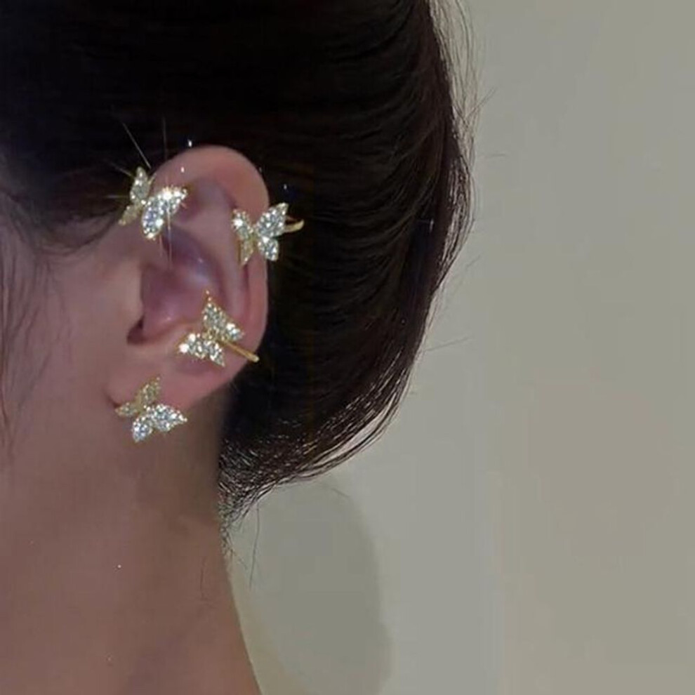 (gold-2) Korean Rhinestone Butterfly Ear Clips For Women