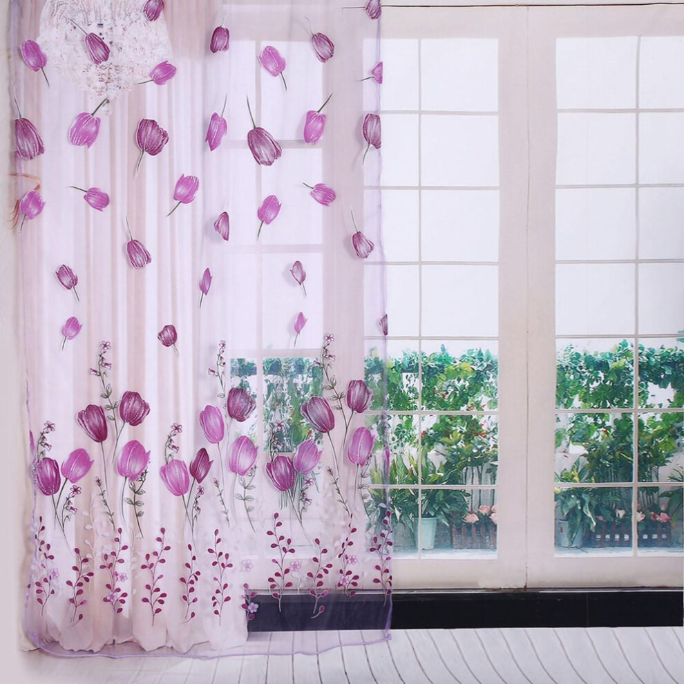 (purple) 100*200cm Tulips Printing Tulle Curtains Sheer Drape Balcony Window Decoration